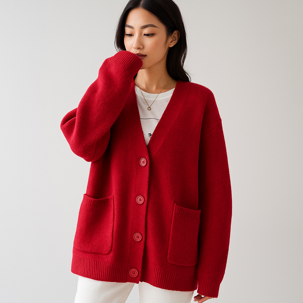 Oversized Miękki Sweter Kardigan - Kieszenie - Komfort Styl