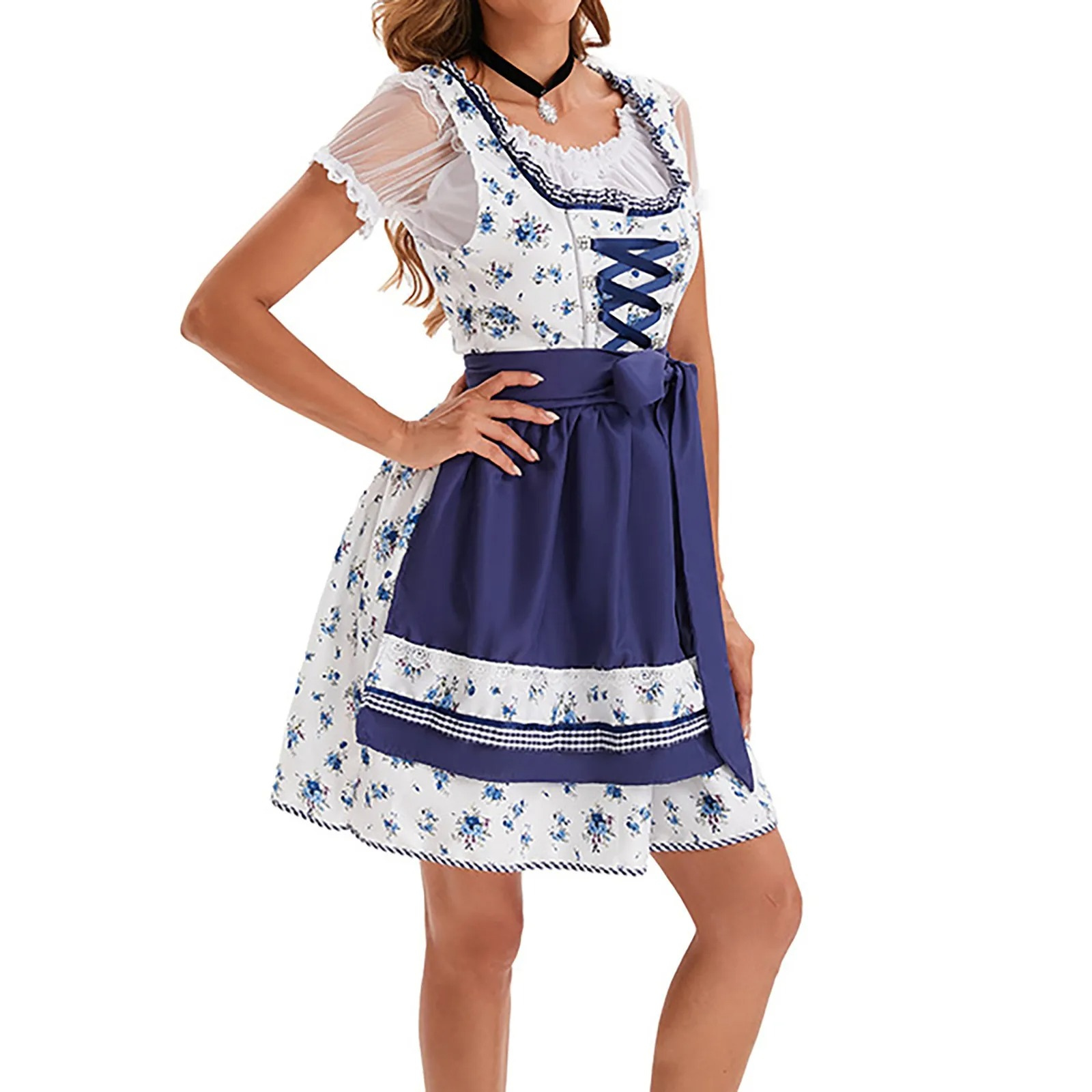 Sukienka Dirndl dla kobiet - Bez ramiączek - Miękki materiał - Elegancki niebieski