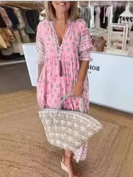 Długa sukienka boho z dekoltem V i luźnym krojem