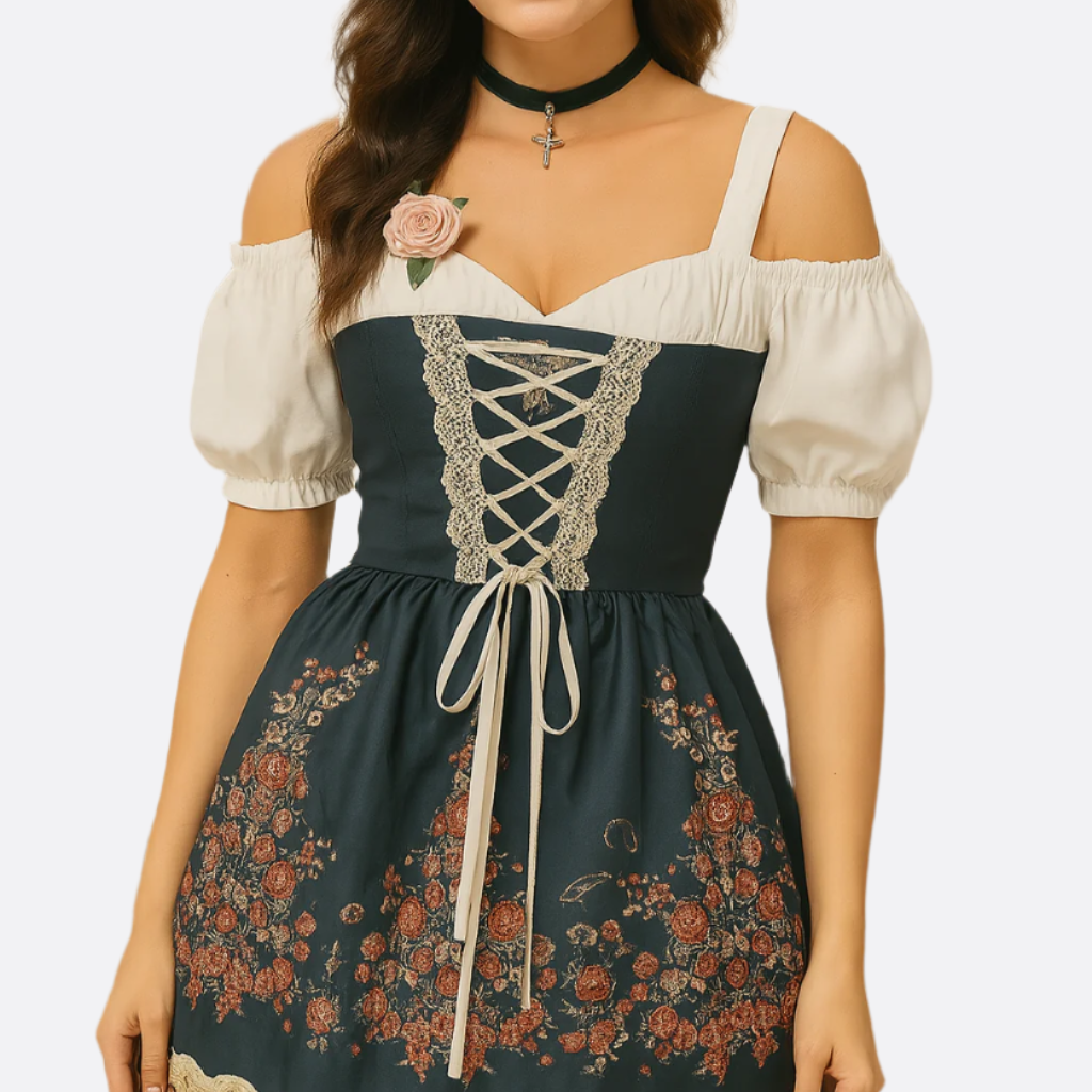 Sukienka Dirndl dla kobiet - Wygodny materiał - Kwiatowy nadruk - Moda Trachten na Oktoberfest