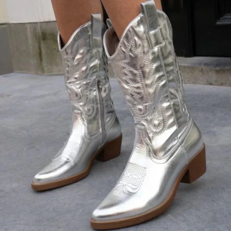 Kowbojki Damskie - Metaliczne Wykończenie - Stylowy Design