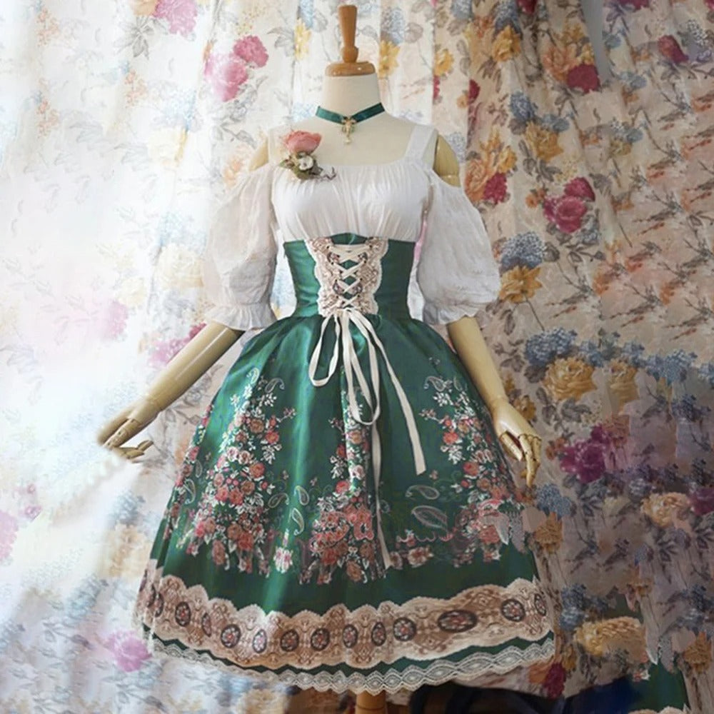 Sukienka Dirndl dla kobiet - Wygodny materiał - Kwiatowy nadruk - Moda Trachten na Oktoberfest