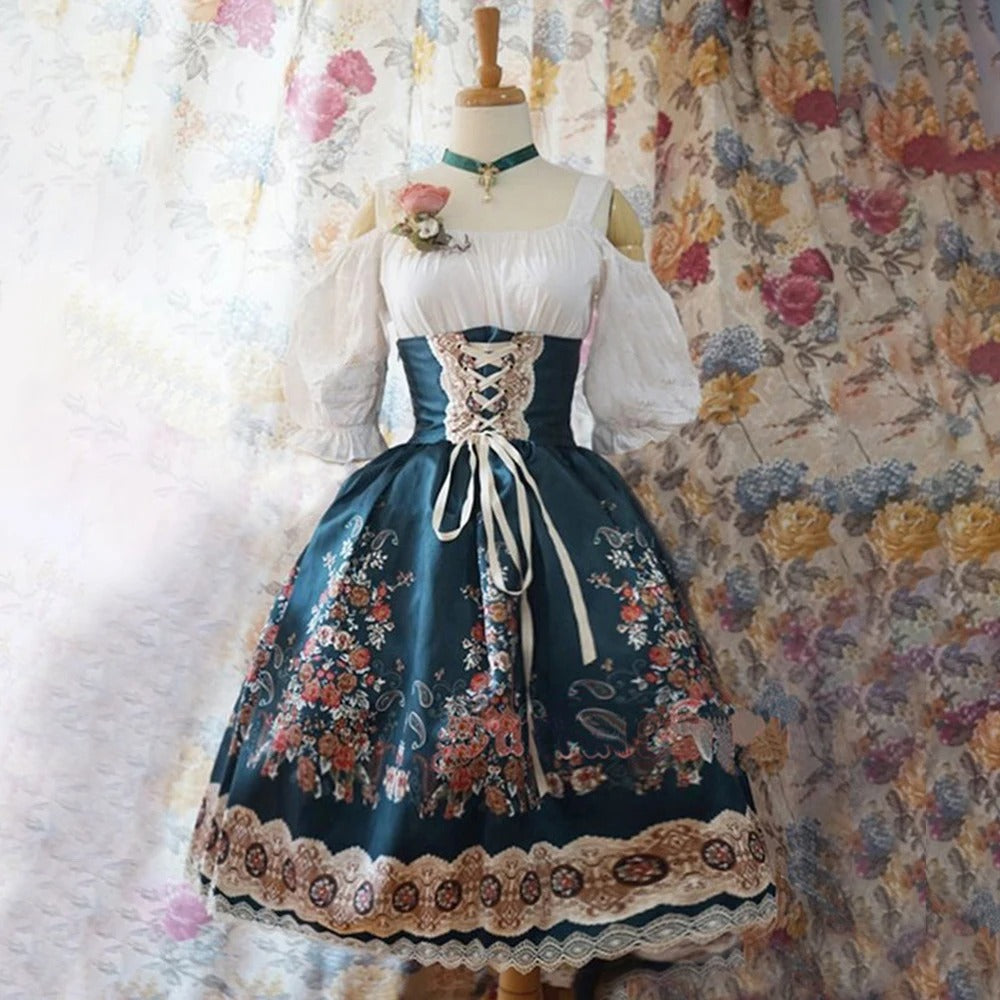 Sukienka Dirndl dla kobiet - Wygodny materiał - Kwiatowy nadruk - Moda Trachten na Oktoberfest
